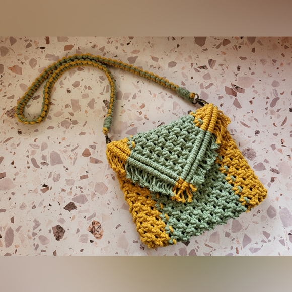 Handbags - Handmade Macrame 2 tone shoulder bag purse with detachable strap